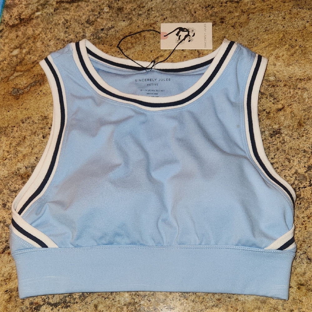 Sincerely Jules Crop Top. Light Blue & Athletic Elastic Trim. NEW! Sporty Preppy